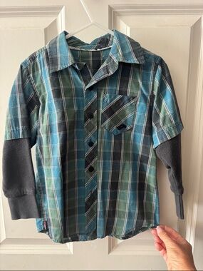 Tony Hawk Blue & Green Plaid Layered-Look Button-Up Shirt